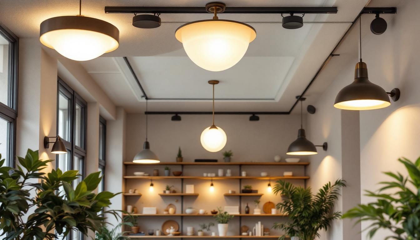 A photograph of a well-designed indoor space showcasing various ceiling light fixtures in use