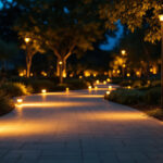 A photograph of a well-lit outdoor space featuring watt led lights illuminating pathways and enhancing safety
