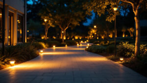 A photograph of a well-lit outdoor space featuring watt led lights illuminating pathways and enhancing safety