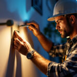 A photograph of a lighting contractor installing or inspecting an electric box cover plate in a well-lit residential or commercial setting