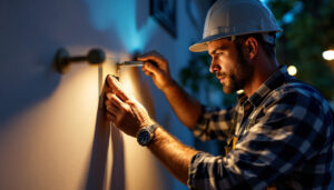 A photograph of a lighting contractor installing or inspecting an electric box cover plate in a well-lit residential or commercial setting