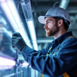 A photograph of a lighting contractor in action