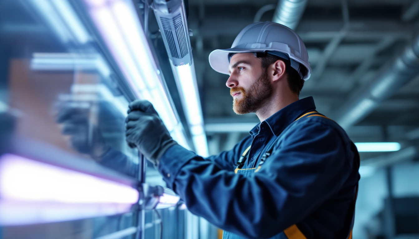 A photograph of a lighting contractor in action