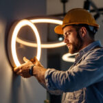 A photograph of a lighting contractor skillfully installing or adjusting led circle lights in a modern interior setting