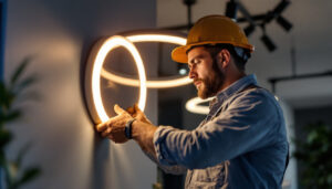 A photograph of a lighting contractor skillfully installing or adjusting led circle lights in a modern interior setting