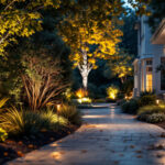 A photograph of a beautifully illuminated outdoor space featuring motion sensor lights in action