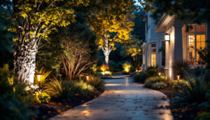A photograph of a beautifully illuminated outdoor space featuring motion sensor lights in action
