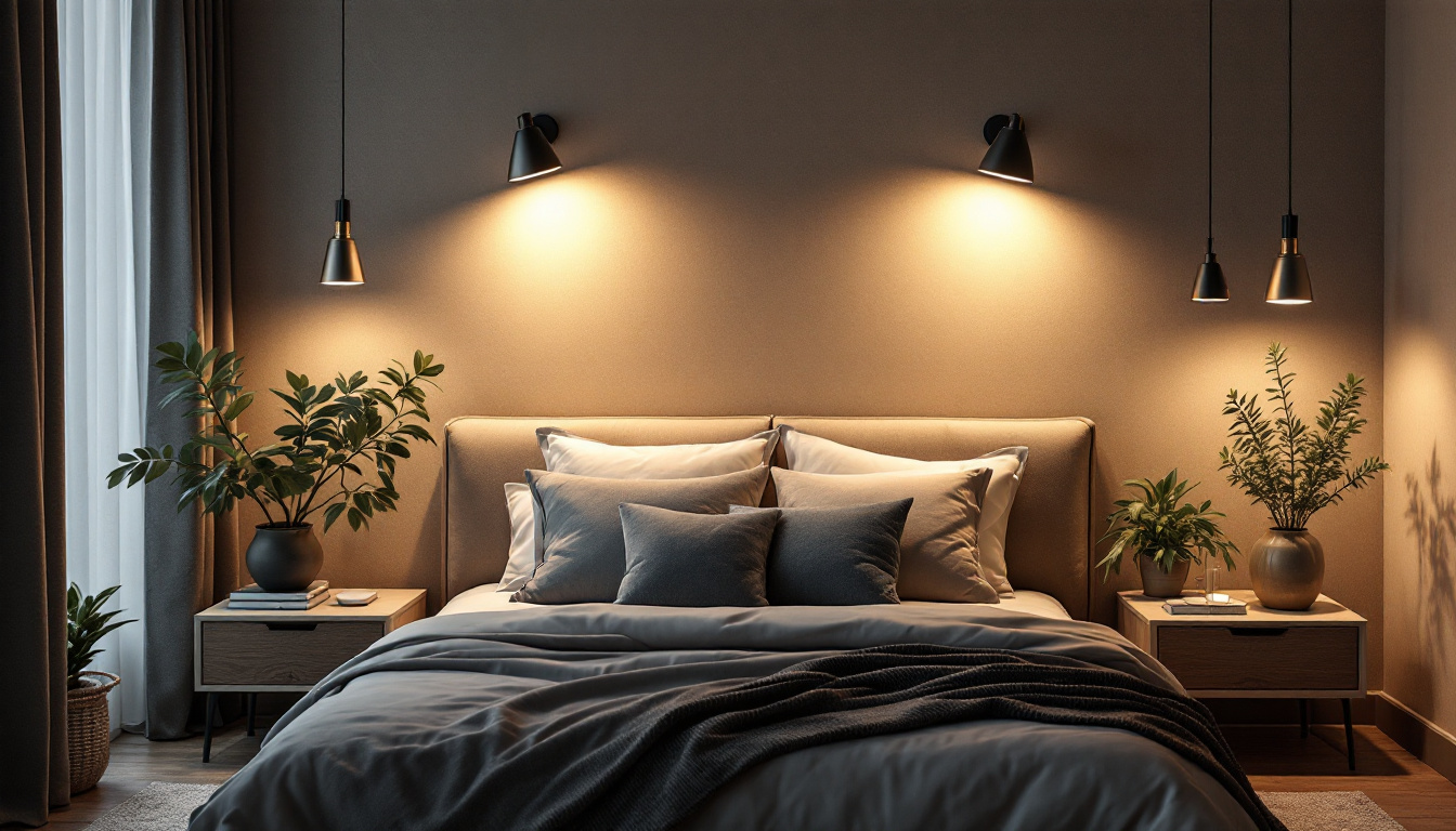 A photograph of a beautifully designed bedroom featuring stylish pot lights that highlight the room's decor