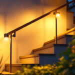 A photograph of a beautifully lit outdoor staircase at dusk