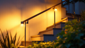 A photograph of a beautifully lit outdoor staircase at dusk