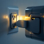 A photograph of a close-up of a wall outlet with a plug lock securely in place
