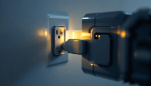 A photograph of a close-up of a wall outlet with a plug lock securely in place