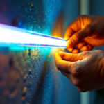 A photograph of a close-up shot of low voltage led tape lights being installed in a modern home setting