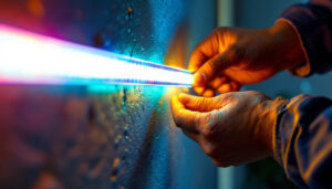 A photograph of a close-up shot of low voltage led tape lights being installed in a modern home setting