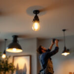 A photograph of a well-lit interior space showcasing various pot light fixtures