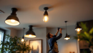 A photograph of a well-lit interior space showcasing various pot light fixtures