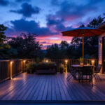 A photograph of a beautifully illuminated deck at dusk