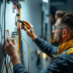 A photograph of a skilled lighting contractor demonstrating proper outlet wiring techniques