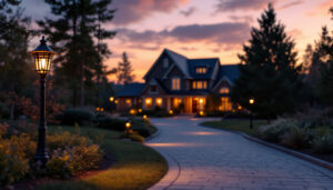 A photograph of a beautifully illuminated driveway lamp post at dusk