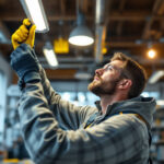 A photograph of a lighting contractor in action