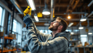 A photograph of a lighting contractor in action
