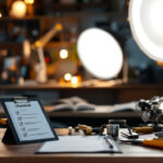A photograph of a well-organized workspace featuring an assortment of stylish light fixtures