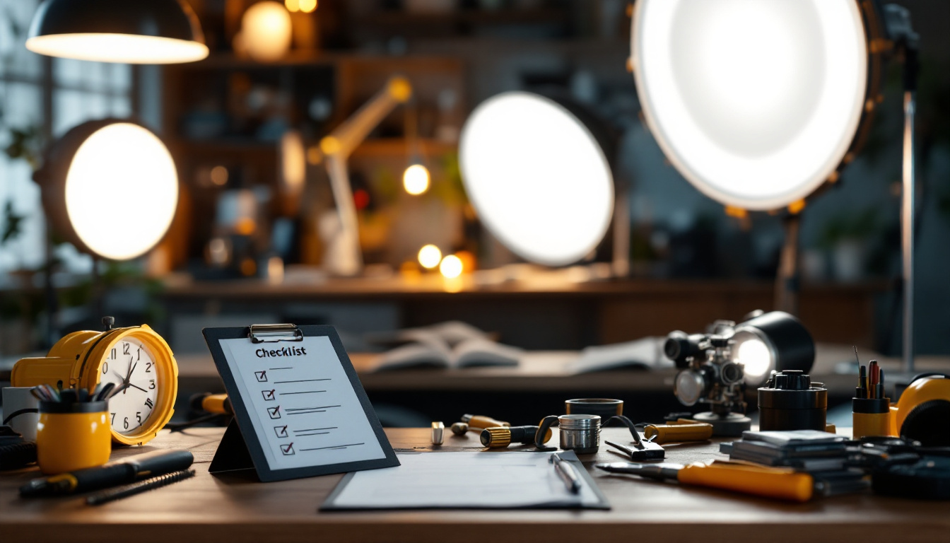 A photograph of a well-organized workspace featuring an assortment of stylish light fixtures