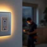 A photograph of a modern outlet cover with an integrated led light installed in a stylish home setting
