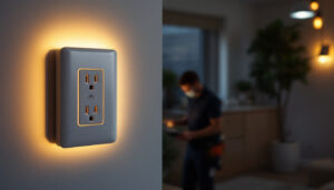 A photograph of a modern outlet cover with an integrated led light installed in a stylish home setting