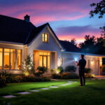 A photograph of a lighting contractor installing led outdoor flood lights in a residential or commercial setting during twilight
