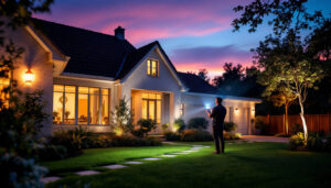 A photograph of a lighting contractor installing led outdoor flood lights in a residential or commercial setting during twilight