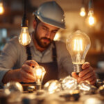 A photograph of a lighting contractor examining a variety of light bulbs in a well-lit workspace