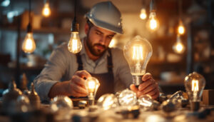 A photograph of a lighting contractor examining a variety of light bulbs in a well-lit workspace