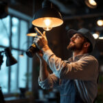 A photograph of a skilled lighting contractor meticulously installing or adjusting various types of lighting fixtures in a beautifully lit space