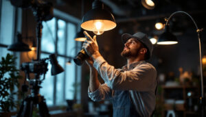 A photograph of a skilled lighting contractor meticulously installing or adjusting various types of lighting fixtures in a beautifully lit space