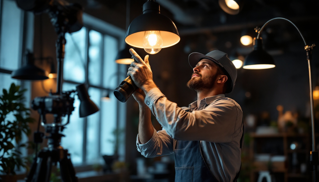 A photograph of a skilled lighting contractor meticulously installing or adjusting various types of lighting fixtures in a beautifully lit space