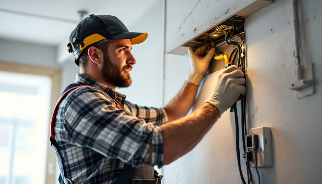 A photograph of a skilled lighting contractor expertly installing a light fixture into an electrical box