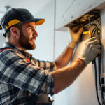 A photograph of a skilled lighting contractor expertly installing a light fixture into an electrical box