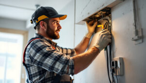 A photograph of a skilled lighting contractor expertly installing a light fixture into an electrical box