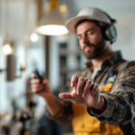 A photograph of a lighting contractor installing a humidity switch in a residential setting