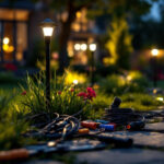 A photograph of capture a photograph of a landscape lighting contractor efficiently working with various wiring connectors in an outdoor setting