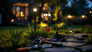 A photograph of capture a photograph of a landscape lighting contractor efficiently working with various wiring connectors in an outdoor setting