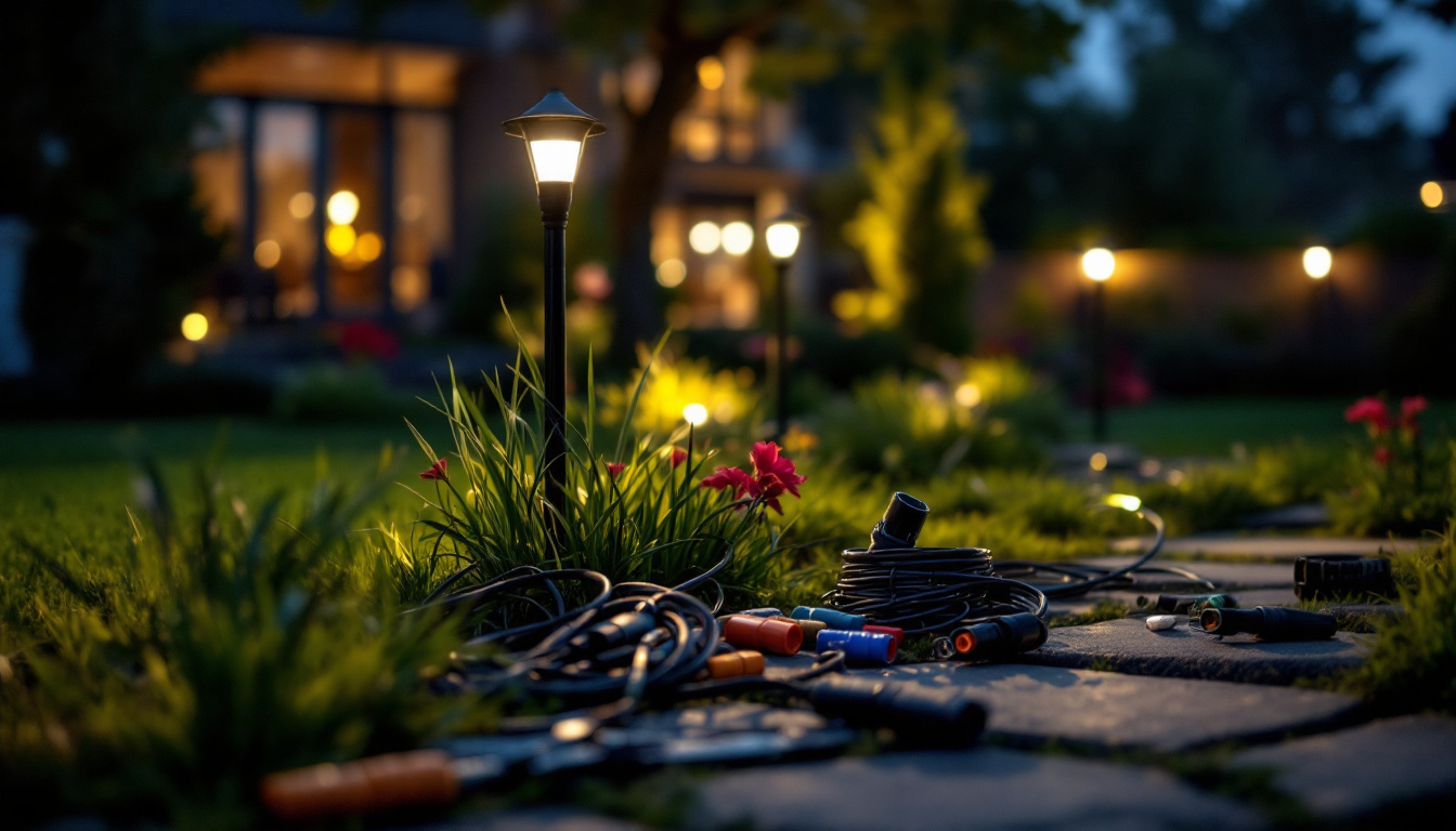 A photograph of capture a photograph of a landscape lighting contractor efficiently working with various wiring connectors in an outdoor setting