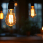 A photograph of a vintage light bulb glowing warmly in a dimly lit room