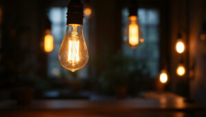 A photograph of a vintage light bulb glowing warmly in a dimly lit room