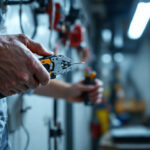 A photograph of a lighting contractor using a wire pulling tool in a dynamic work environment