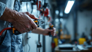 A photograph of a lighting contractor using a wire pulling tool in a dynamic work environment
