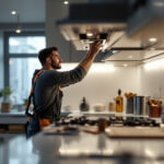 A photograph of a well-lit worksite featuring an electrician installing under cab lights in a modern kitchen