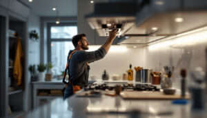 A photograph of a well-lit worksite featuring an electrician installing under cab lights in a modern kitchen