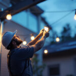 A photograph of a skilled lighting contractor expertly installing a stylish canopy lighting fixture in an outdoor setting